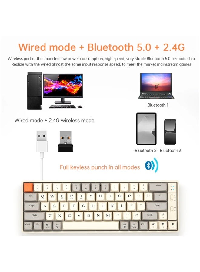 لانغتو لوحة مفاتيح GK65 للألعاب الميكانيكية بألوان قوس قزح، لاسلكية، بلوتوث، وسلكية، بثلاثة أوضاع، مزودة بمفاتيح خطية برتقالية هادئة قابلة للتبديل السريع مع مقبس لوحة دوائر مطبوعة قابل للتعديل الحر للتبديل السريع - Image 5